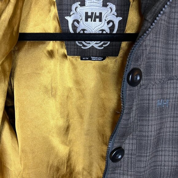 Helly Hansen Mens Plaid Jacket Medium Gray Insulated Padded Coat Gold Lining - Picture 4 of 12
